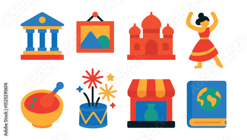 Flat vector icons of cultural travel: museum, gallery, historical site, traditional dance, local cuisine, festival, souvenir shop, guidebook.