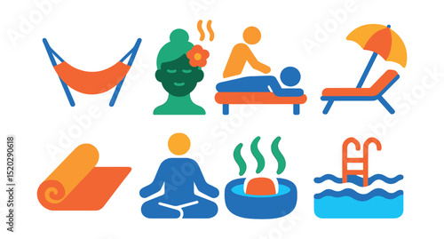 Flat vector icons of travel relaxation: hammock, spa, massage, beach lounge chair, yoga mat, meditation, hot springs, swimming pool.