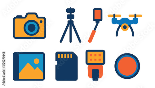 Flat vector icons of travel photography: camera, tripod, selfie stick, drone, photo album, memory card, flash, filter.