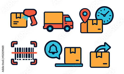 Flat vector icons of order tracking: package scanning, delivery truck, GPS tracking, estimated delivery time, barcode scanning, customer notification, package arrival, return process.