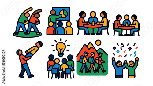 Flat vector icons of team building activities: group exercise, workshop, team lunch, trust fall, brainstorming session, outdoor adventure, icebreaker game, celebration.