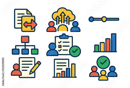 Flat vector icons of project collaboration: shared documents, brainstorming cloud, timeline, workflow diagram, meeting agenda, progress update, collaborative editing, group decision.