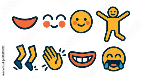Flat vector icons of happiness expressions: smiling mouth, cheerful eyes, blushing cheeks, open arms, jumping feet, clapping hands, wide grin, joyful tears.
