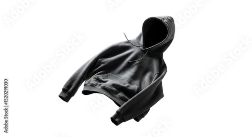 Isolated black hoodie floating with visible fabric texture details against a pure white background studio shot simple and clean