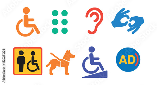 Flat vector icons of accessibility: wheelchair, braille, hearing aid, sign language, accessible restroom, guide dog, ramp, audio description.