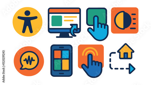 Flat vector icons of inclusive design: universal symbol, adaptable interface, large buttons, contrast settings, voice control, customizable layout, tactile feedback, simple navigation.