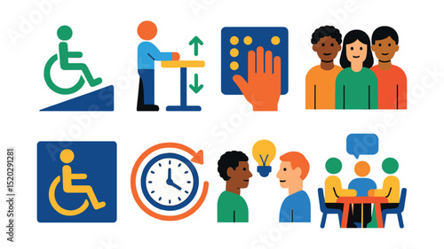 Flat vector icons of inclusive workplaces: wheelchair ramp, adjustable desk, braille labels, diverse employees, accessible restroom, flexible schedule, collaboration, team meeting.