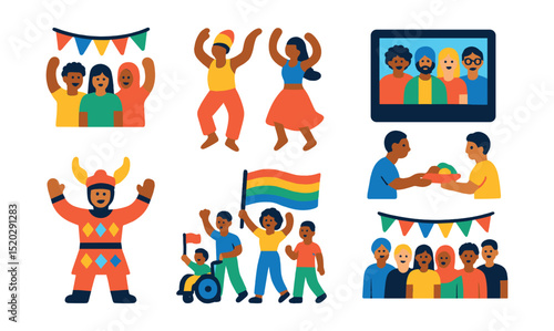 Flat vector icons of inclusion celebration: diversity festival, cultural dance, group photo, food sharing, music band, costume, parade, community event.