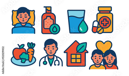 Flat vector icons of chickenpox recovery: rest, soothing lotion, hydration, medication, healthy diet, doctor follow-up, clean environment, emotional support.