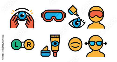 Flat vector icons of eye care routine: eye massage, protective goggles, blue light filter glasses, eye drops application, eye rest, contact lens case, eye cream, eye exercise.