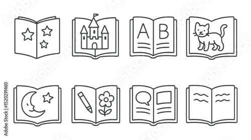 Books and genres outline icons set – simple reading and literary theme styles