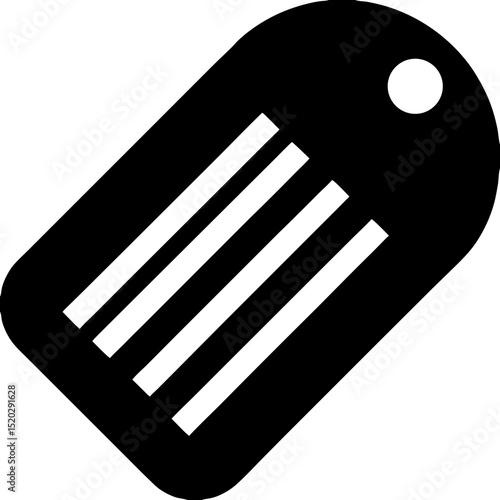 Black identification tag with white stripes and a hole