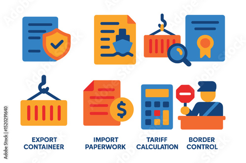 Flat vector icons of export-import processes: customs declaration, bill of lading, cargo inspection, trade license, export container, import paperwork, tariff calculation, border control.