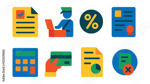 Flat vector icons of trade tariffs and taxes: tax document, customs duty, percentage symbol, invoice, calculator, payment, finance report, tax exemption.