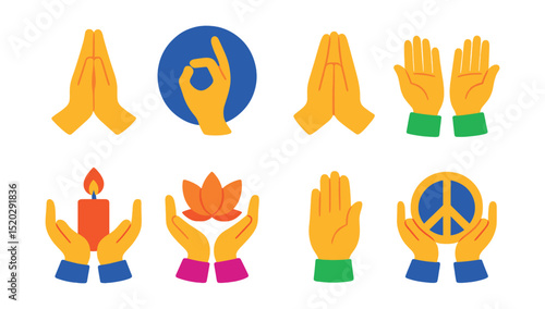 Flat vector icons of hand gestures for spirituality and meditation: praying hands, mudra gestures, hands in namaste, hands open to sky, hands holding candle, hands with lotus flower, hands in