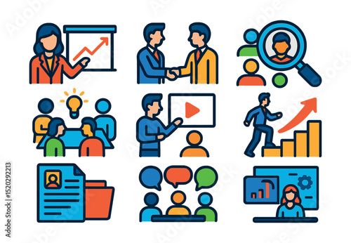 Flat vector line icons of professional growth: businesswoman presentation, businessman handshake, team brainstorming, HR recruitment, employee training, career advancement, resume portfolio,