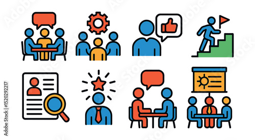 Flat vector line icons of employee engagement: group meeting, team collaboration, HR feedback, career path, resume review, employee recognition, office discussion, project planning, leadership,