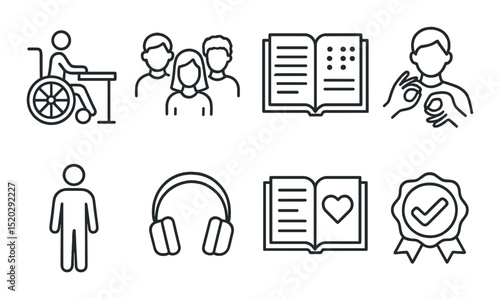 Library essentials outline icons set – linear, book, study tools collection