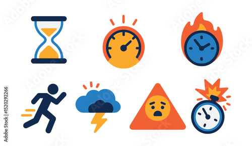 Flat vector icons of time pressure: hourglass icon, pressure gauge, overwhelmed face, burning clock, last minute rush, stress storm cloud, panic mode symbol, timer explosion.