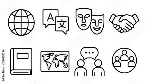 Multilingual voting outline icons set – simple, election and language symbols