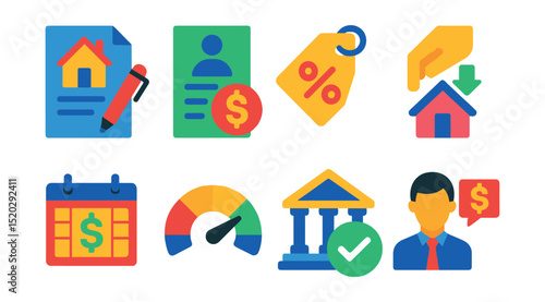 Flat vector icons of real estate financing: mortgage contract, loan application, interest rate tag, down payment, payment schedule, credit score, bank approval, financial advisor.