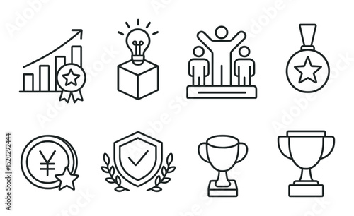 Sports award outline icons set – linear style, trophy and medal achievement symbols