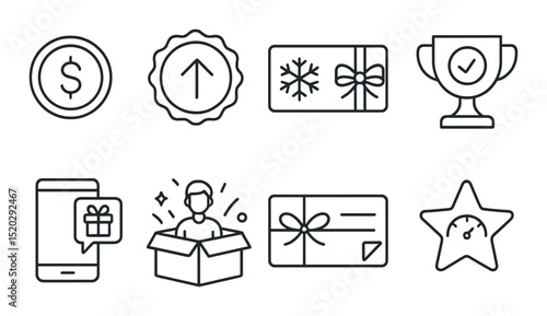 Customer bonus outline icons set – rewards, loyalty and gift symbols in linear style