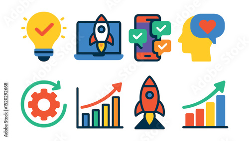 Flat vector icons of startup development stages: idea validation, MVP prototype, beta testing, user feedback, product iteration, scaling up, market launch, growth metrics.