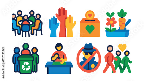 Flat vector icons of community activities: group meeting, volunteer hands, donation box, community garden, recycling event, workshop, neighborhood watch, charity walk.