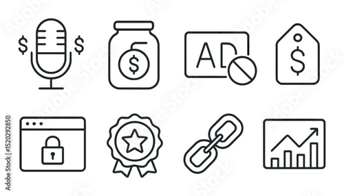 Podcast planning outline icons set – simple, compose and organize symbols