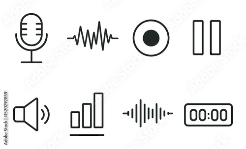 Podcast branding outline icons set – audio, broadcast and media design elements