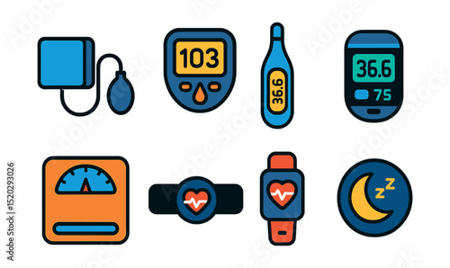 Flat vector icons of health monitoring devices: blood pressure cuff, glucose meter, thermometer, pulse oximeter, scale, heart rate monitor, fitness tracker, sleep monitor.