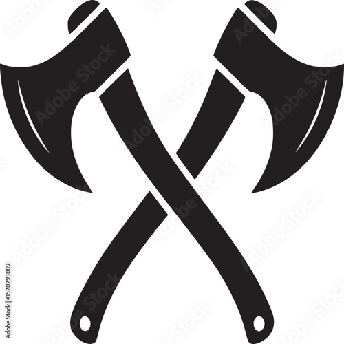 Two crossed axes in black silhouette on a white background creating a symbolic and bold graphic design