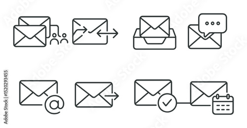 Email troubleshooting outline icons set – simple email, messaging, communication symbols