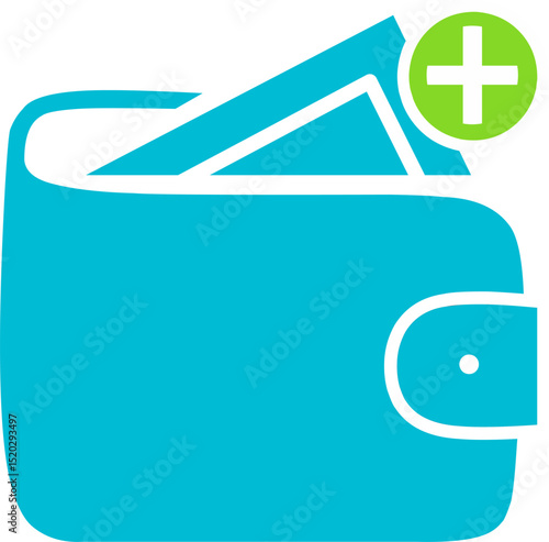 Wallet, money, cash, credit card, leather wallet icon design with green plus icon for symbolize the increase or income. Perfect for business or finance education purpose.