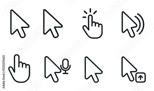 Gaming and navigation outline icons set – simple cursor, hand and joystick symbols