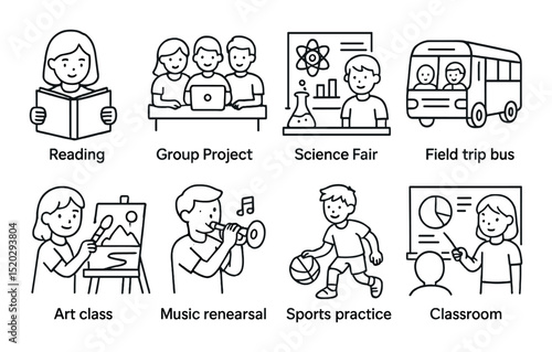 Event and paper outline icons set – simple, document and organization symbols