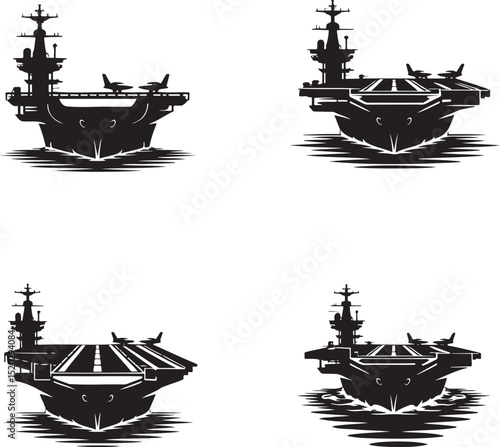 Aircraft Carrier silhouette set vector illustration isolated On Transparent Background