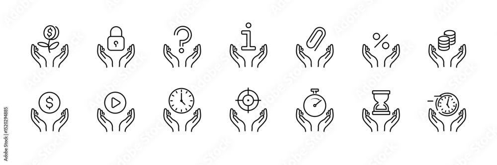 Obraz premium Set of icons with hands holding symbols for business and finance concept