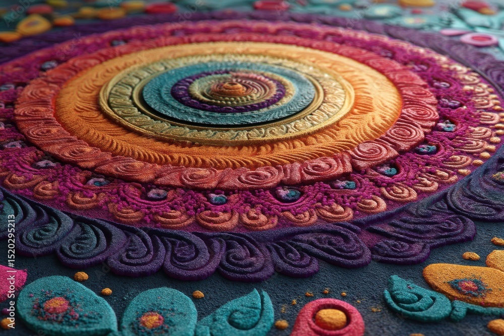 An intricately designed Rangoli pattern showcasing vibrant colors and meticulous detail, perfect for celebrating Diwali, Holi, or Indian festivals and cultural events. An intricately designed Rangoli pattern showcasing vibrant colors and meticulous detail, perfect for celebrating Diwali, Holi, or Indian festivals and cultural events.