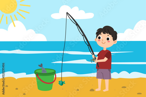 Cute boy fishing on the beach, summer beach kids vector illustration