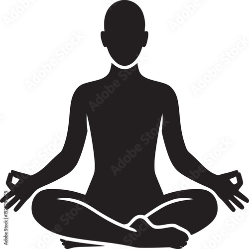 Black silhouette of a person in lotus position meditating on a white background with hands in mudra