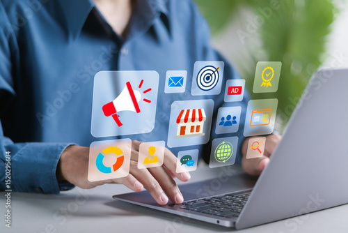 Digital marketing technology online concept. Businessman use laptop with public relations icon. SEO, Advertising, Ecommerce, direct sale, digital marketing strategies and goals.