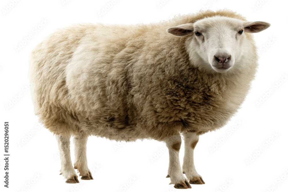 Obraz premium Portrait of a woolly sheep with fluffy fleece standing against white background, cut out