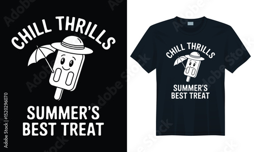 Cute ice cream popsicle with umbrella and summer hat under chill thrills slogan vector t-shirt design