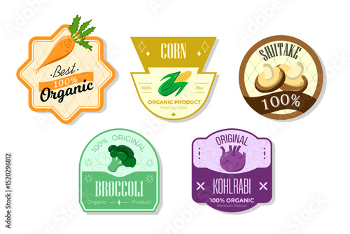 Retro fruits banner and labels. Different juices stickers. Packaging tags with broccoli, kohlrabi, shiitake, corn. Set of seasonal fruits labels stickers and marks or badges template for packaging