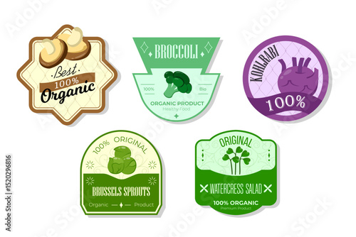 Retro fruits banner and labels. Different juices stickers. Packaging tags with broccoli,kohlrabi,brussels, watercress. Set of seasonal fruits labels stickers and marks or badges template for packaging