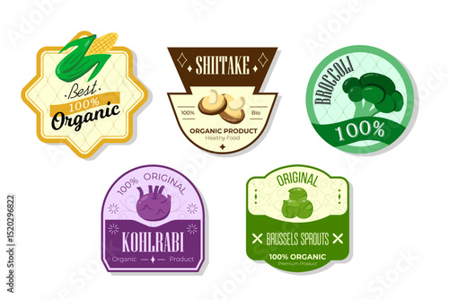 Retro fruits banner and labels. Different juices stickers. Packaging tags with kohlrabi, brussels, broccoli, shiitake. Set of seasonal fruits labels stickers and marks or badges template for packaging