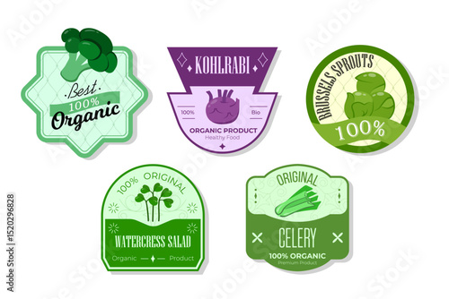 Retro fruits banner and labels. Different juices stickers. Packaging tags with watercress, celery, kohlrabi, brussels. Set of seasonal fruits labels stickers and marks or badges template for packaging