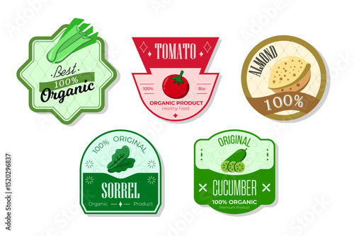 Retro fruits banner and labels. Different juices stickers. Packaging tags with tomato, sorrel, cucumber, almond. Set of seasonal fruits labels stickers and marks or badges template for packaging